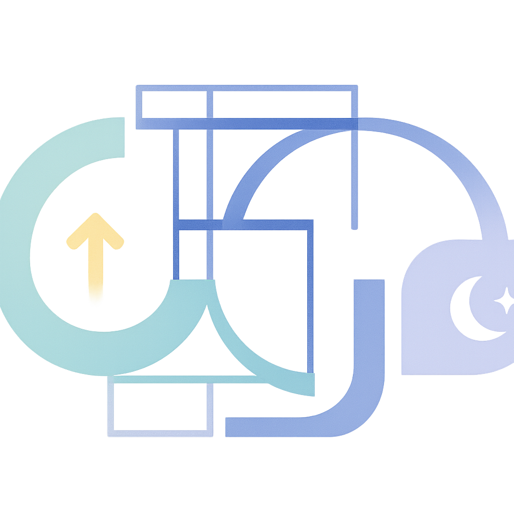 Abstract illustration of a structured daily framework, showing harmonious segments for morning, workday, and evening, symbolizing supportive scaffolding for ADHD entrepreneurs.