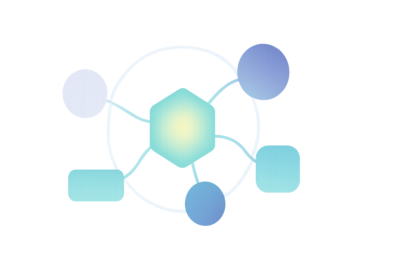 Abstract illustration depicting a serene central coordinating hub harmoniously managing several distinct mental processes or pathways, symbolizing well-supported executive functions for ADHD entrepreneurs.