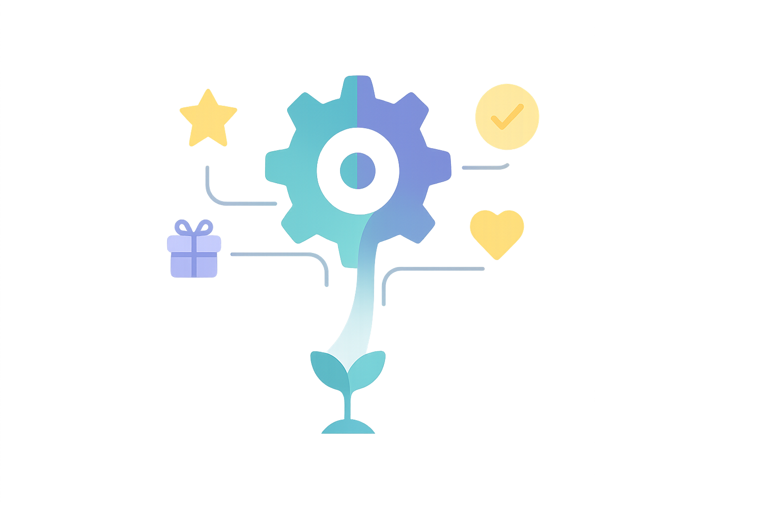 Abstract illustration of a calm, sustainable motivation system: interconnected strategies (like rewards and visible progress) gently fueling a central element of momentum, symbolizing ADHD-friendly motivation for entrepreneurs.