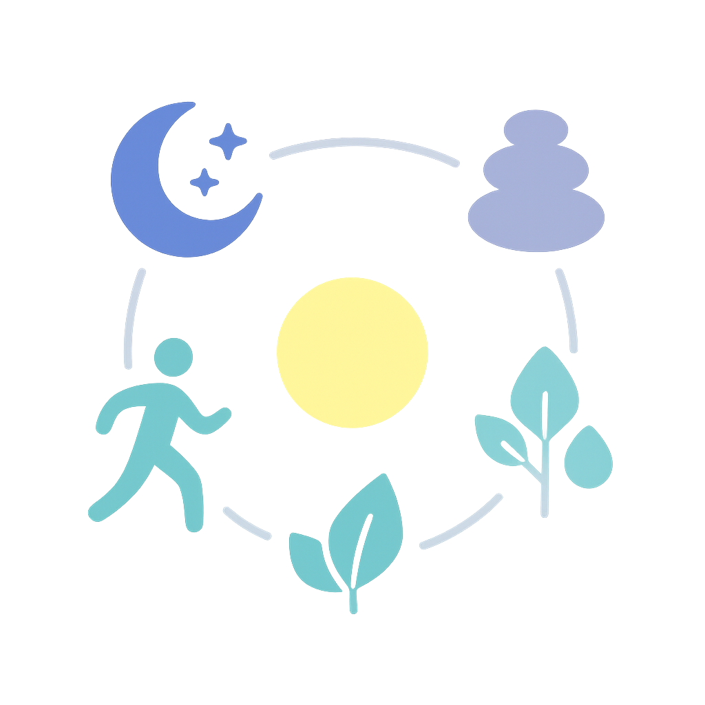 Illustration of four harmonious icons representing Sleep, Exercise, Nutrition, and Stress Management, on a light background, forming a stable foundation for ADHD well-being.